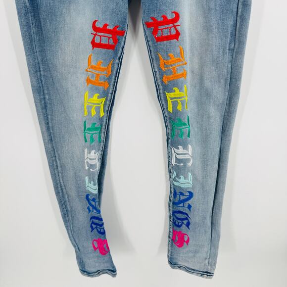 Pheelings Jeans Men’s 34 Blue Denim Skinny Fit Rainbow Gothic Logo Embroidered - Picture 7 of 12